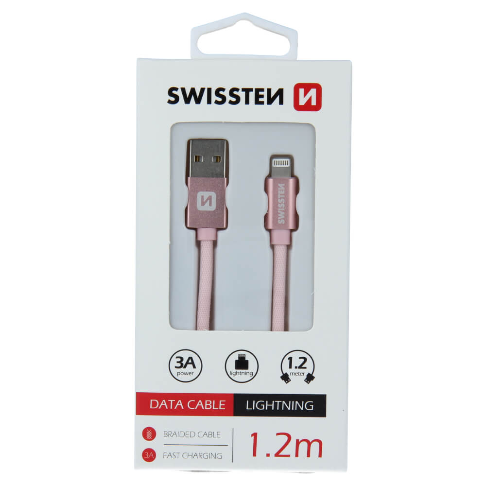 Textilný dátový kábel Swissten USB / LIGHTNING 1,2 M - ružovo - zlatý